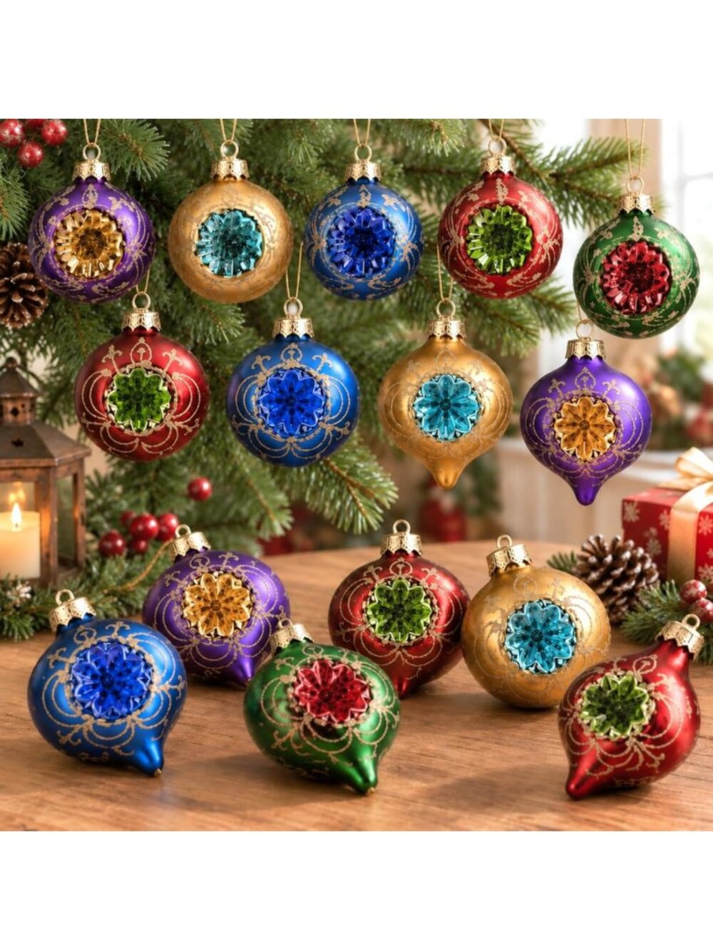 16 Vintage Glass Christmas Ornaments Set - Retro Reflector Holiday Decor